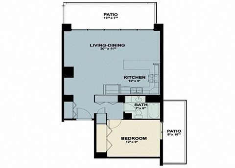 Floor plan for 1 bed, 1 bath, 744 sqft
